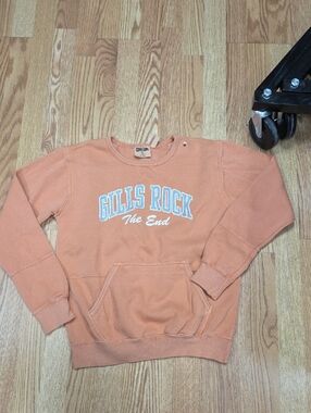 MV Sport Faded Orange Crewneck Sweatshirt with Light Blue Text